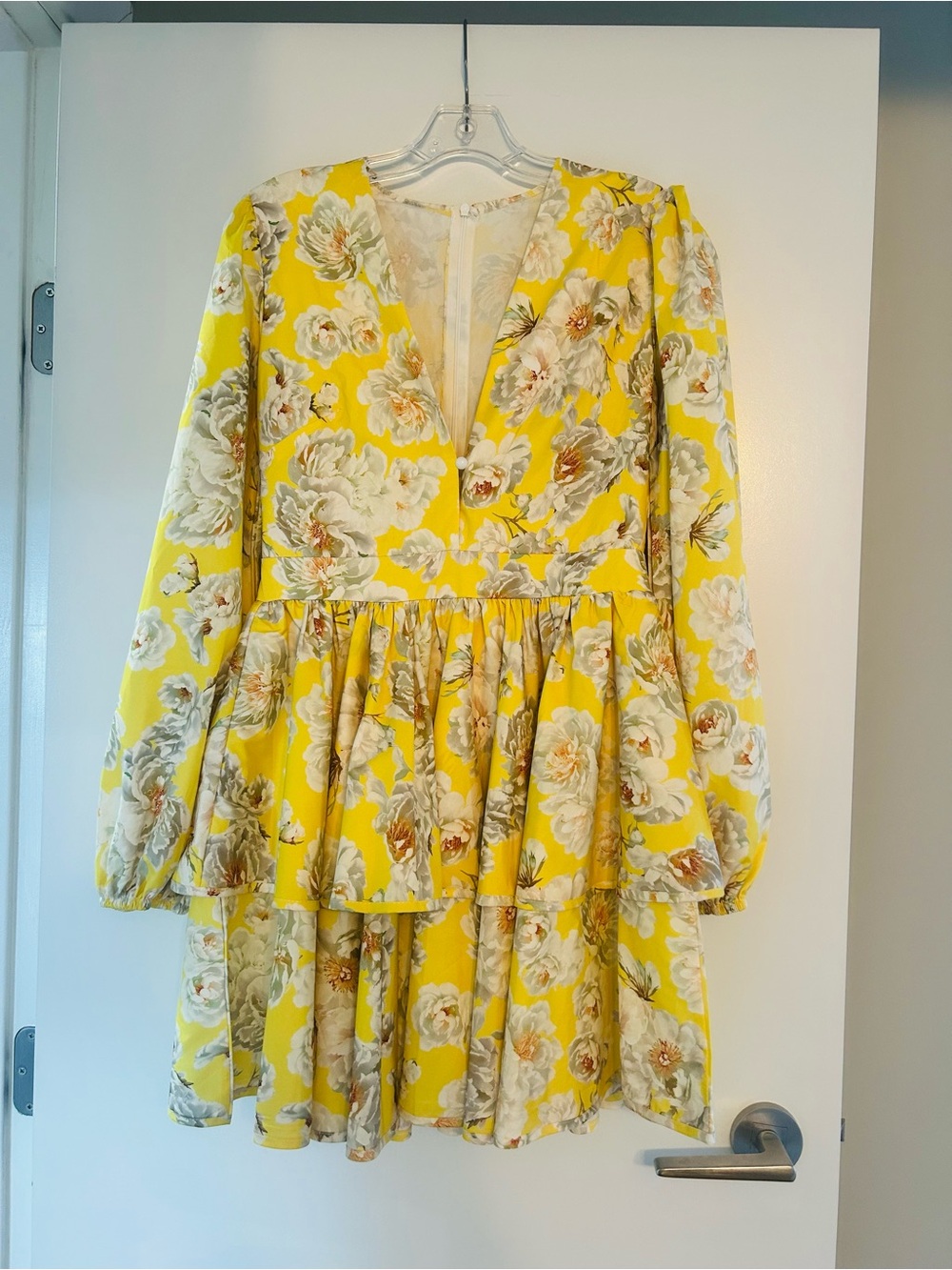 Floral Tiered V-Neck Long Sleeve Dress - Yellow